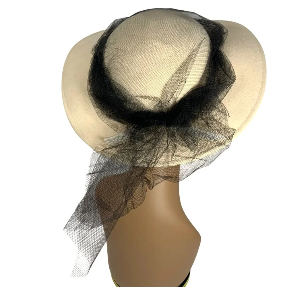 VTG Bollman Off-White Doeskin Felt Wool Hat Black Net Veil Wide Brim Made In USA